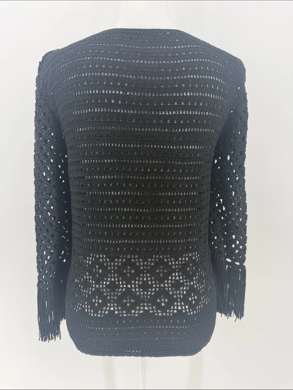 Cynthia Steffe Black Crochet Silk Fringe Sleeve Sweater Top Medium